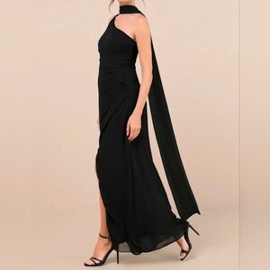 Lulus S Adeline Black One-Shoulder Scarf Maxi Dress, Size Small